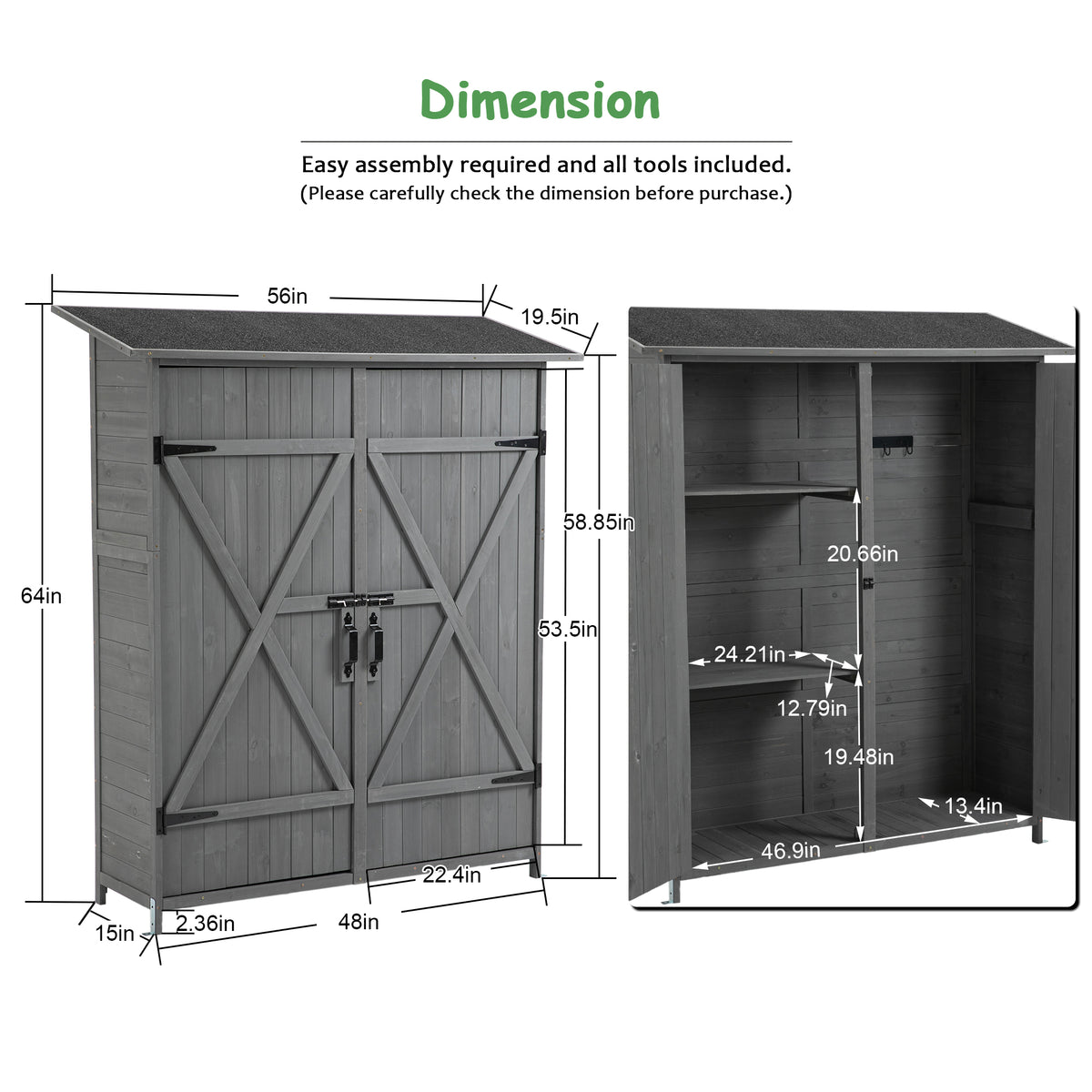 56"L X 19.5"W X 64"H Outdoor Storage Shed With Lockable Door, Wooden Tool Storage Shed W Detachable Shelves & Pitch Roof,Gray Aqua Grey Solid Wood