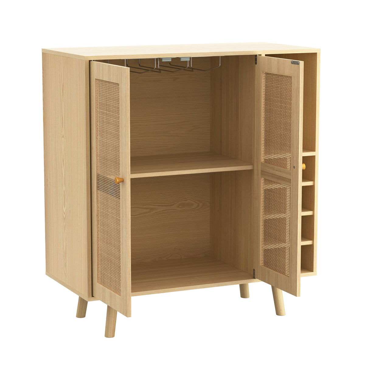 Bohemian Bar Cabinet, Natural Rattan Doors, Removable Wine Rack In Natural Wood Beige Boho Particle Board