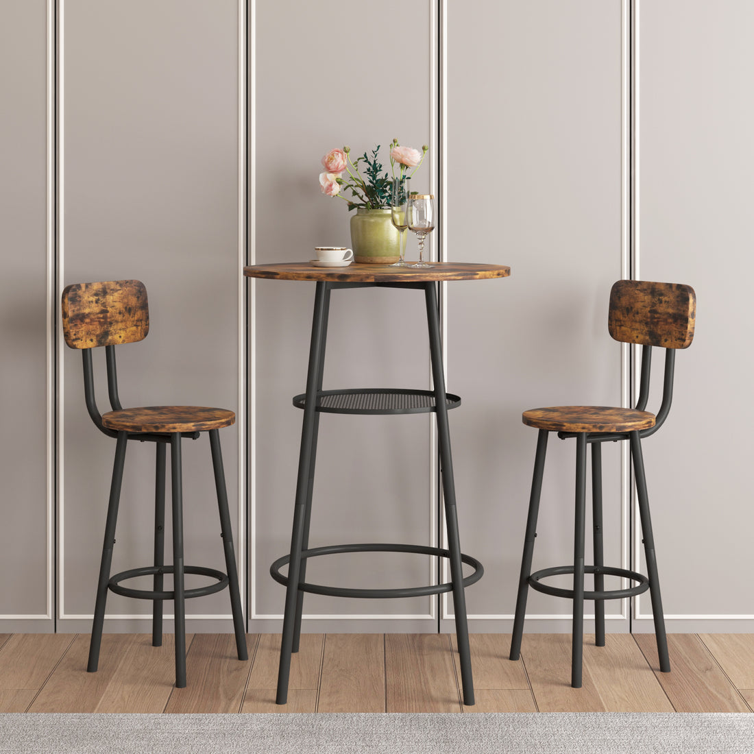 Bar Table, Equipped With 2 Bar Stoolswith Backrest And Partition Brown Mdf