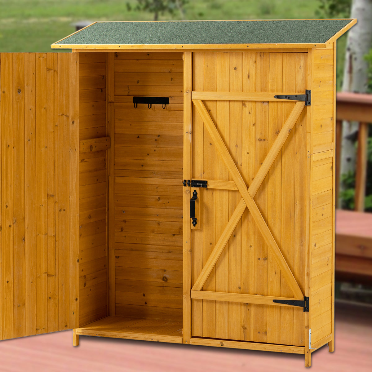 56"L X 19.5"W X 64"H Outdoor Storage Shed With Lockable Door, Wooden Tool Storage Shed W Detachable Shelves & Pitch Roof, Natural Natural Solid Wood