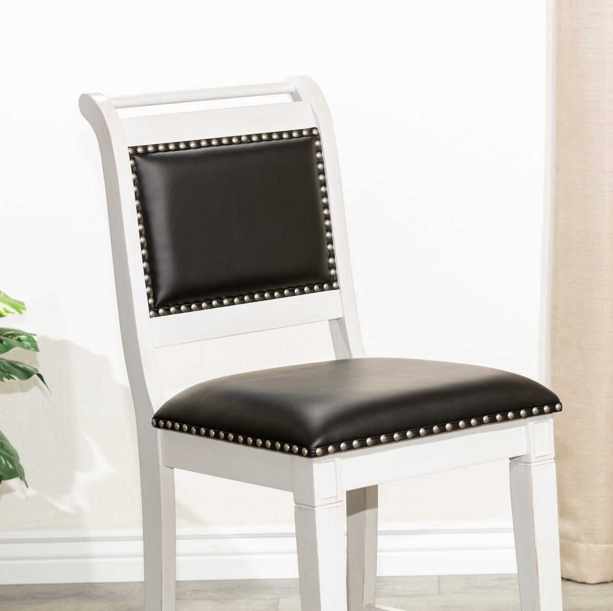 24" Counter Stool, Antique White Finish, Black Leather Seat Antique White Bonded Leather