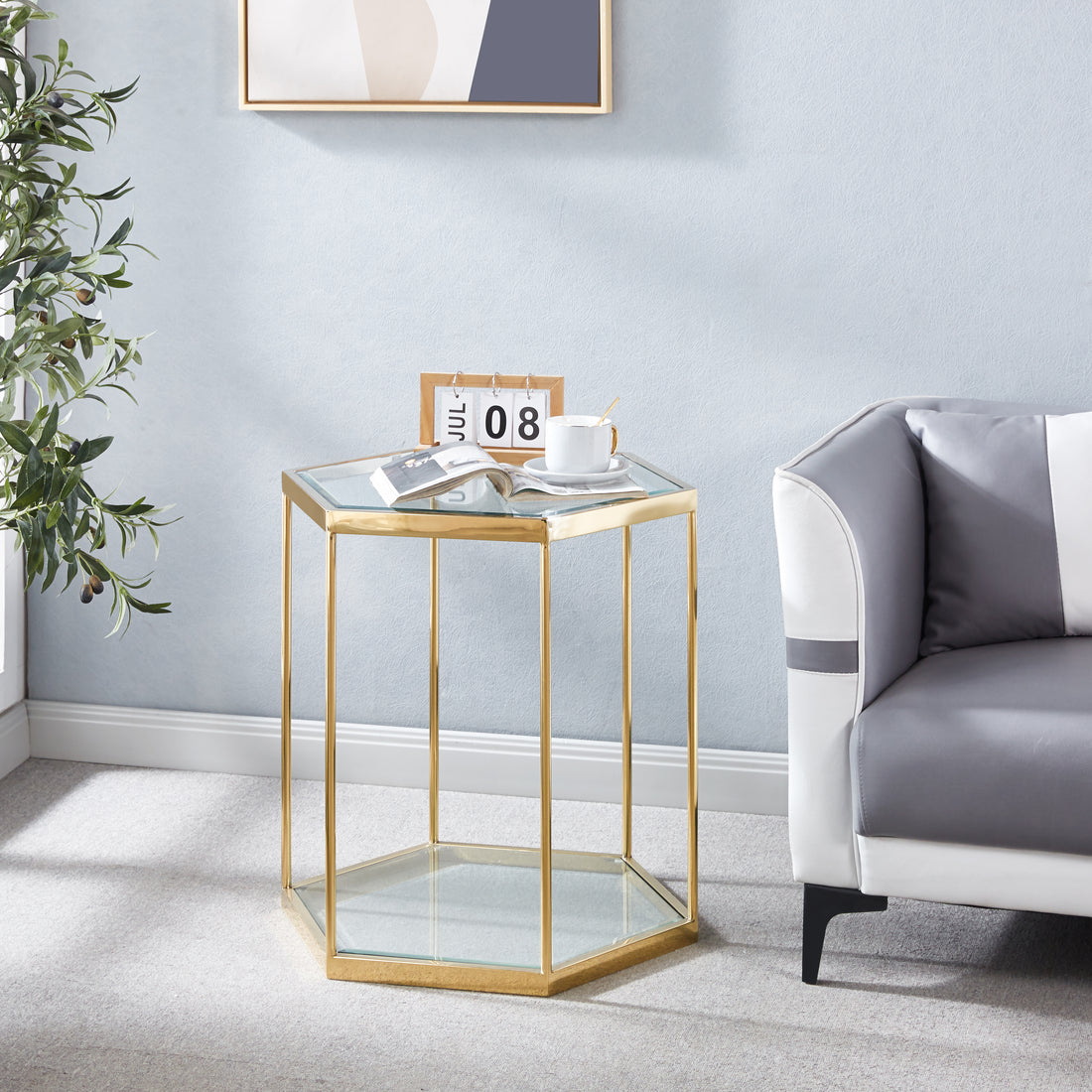 Modern Glass End Table With Gold Finish Stainless Steel Frame Gold Glass