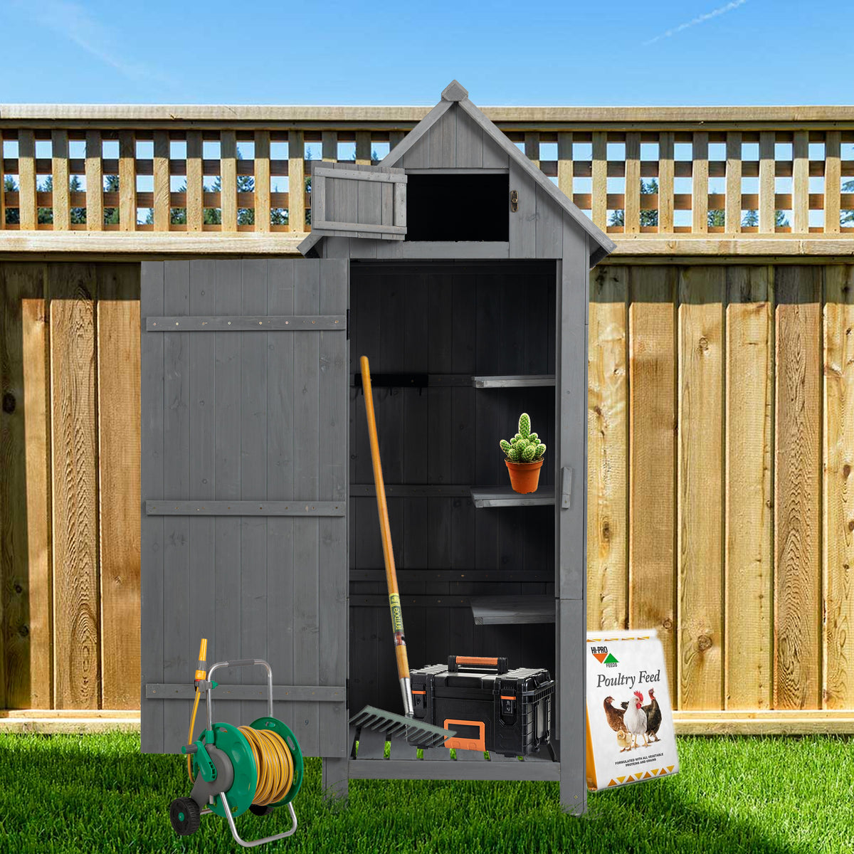 30.3"L X 21.3"W X 70.5"H Outdoor Storage Cabinet Tool Shed Wooden Garden Shed Gray Grey Solid Wood