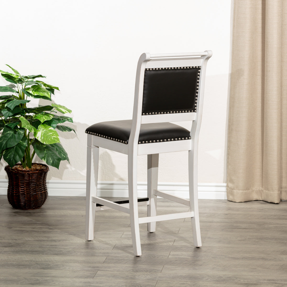 24" Counter Stool, Antique White Finish, Black Leather Seat Antique White Bonded Leather