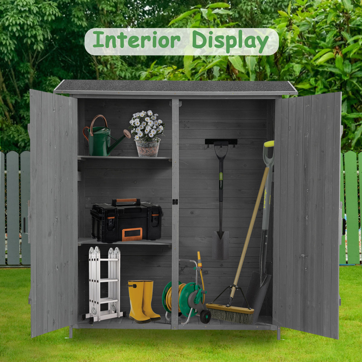 56"L X 19.5"W X 64"H Outdoor Storage Shed With Lockable Door, Wooden Tool Storage Shed W Detachable Shelves & Pitch Roof,Gray Aqua Grey Solid Wood