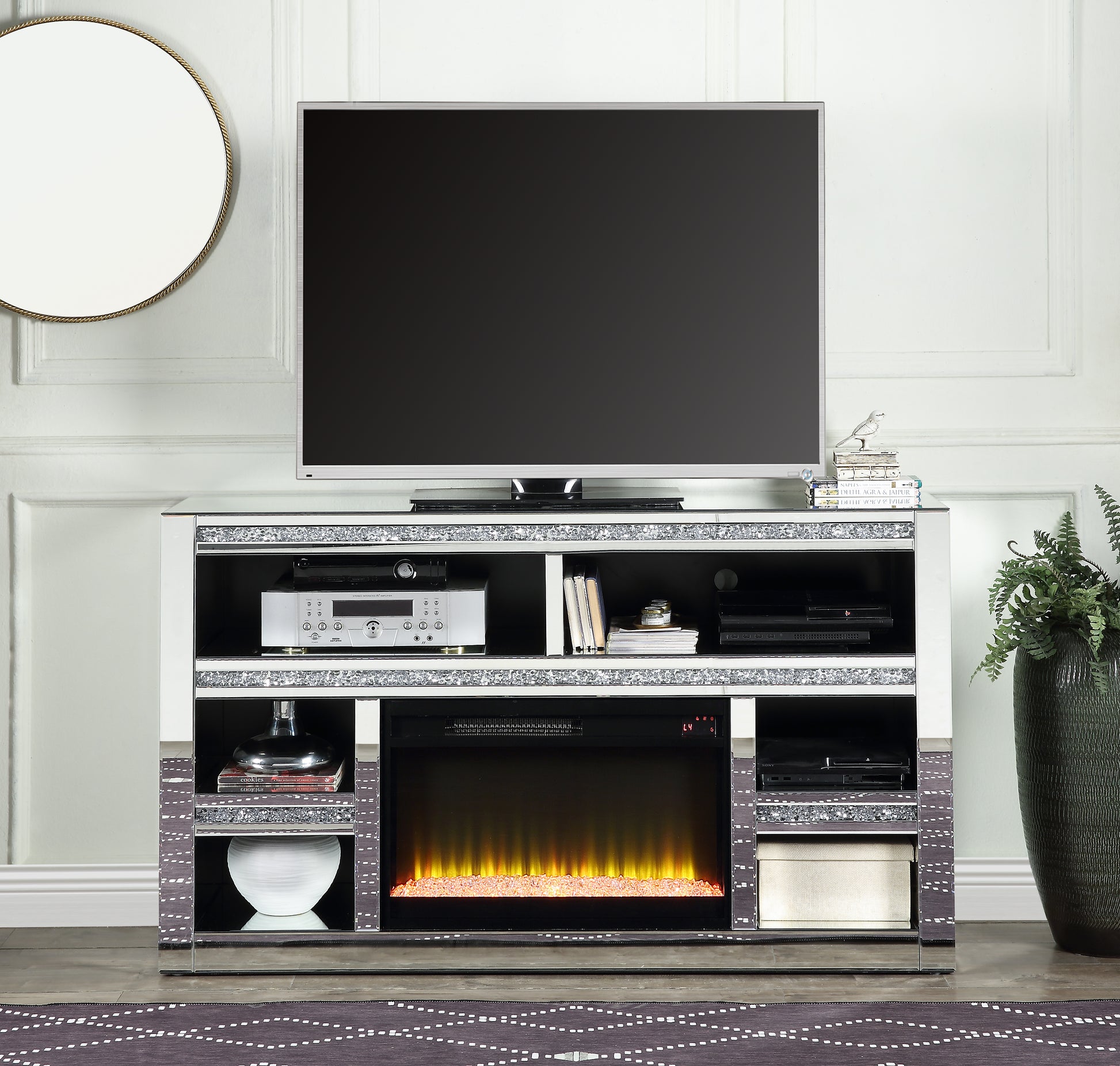 Noralie Tv Stand W Fireplace Mirrored & Faux Diamonds Lv00311 Silver Mdf