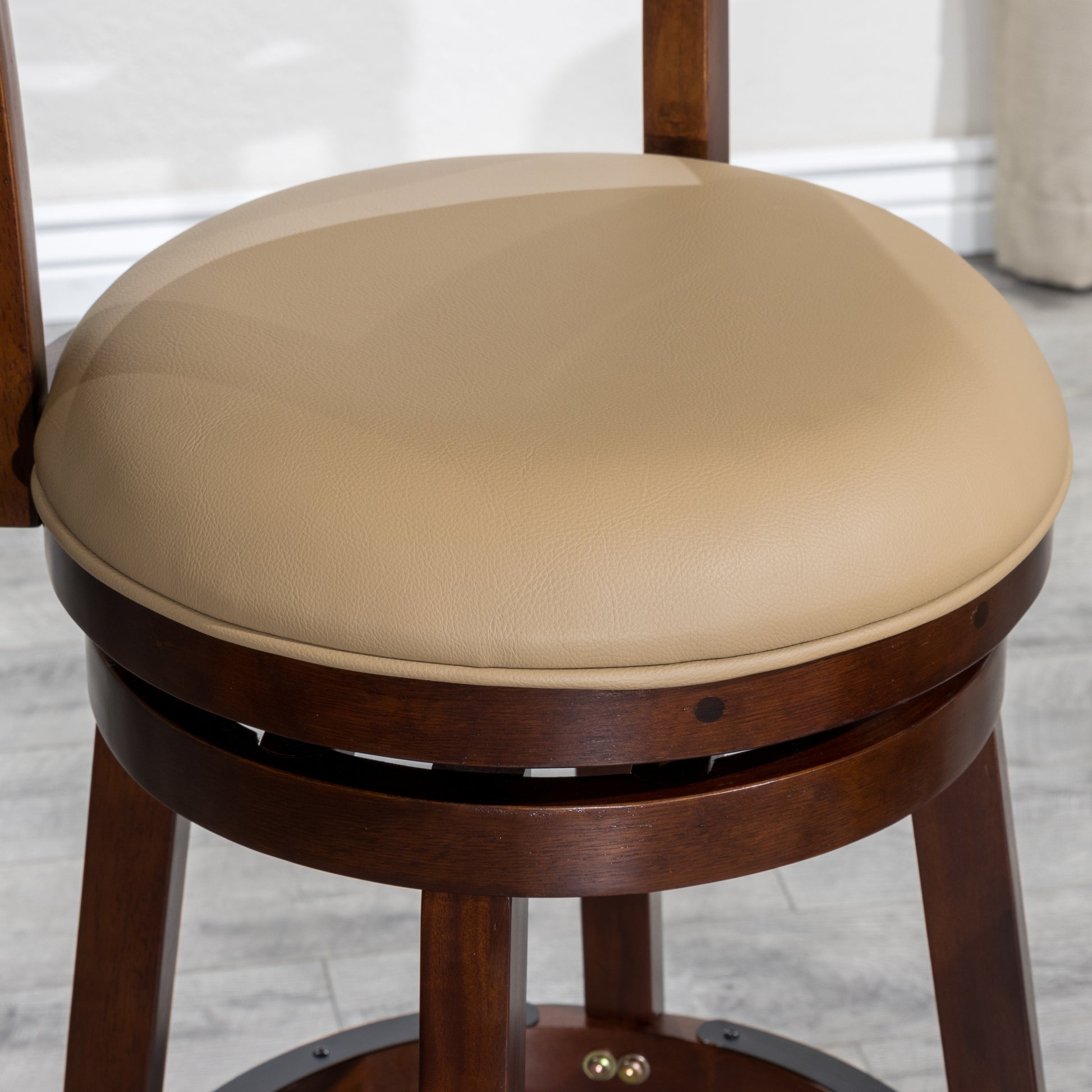 24" Counter Height Slat Back Swivel Stool, Cherry Finish, Bone Leather Seat Cherry Bonded Leather