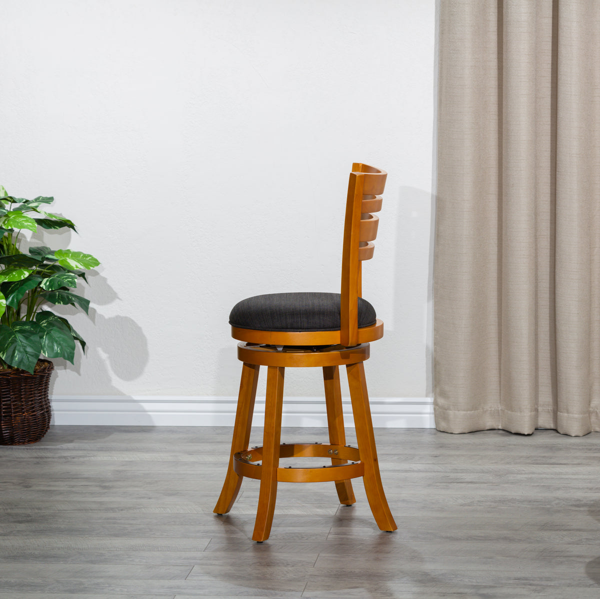 24" Counter Height Slat Back Swivel Stool, Natural Finish, Charcoal Fabric Seat Natural Fabric