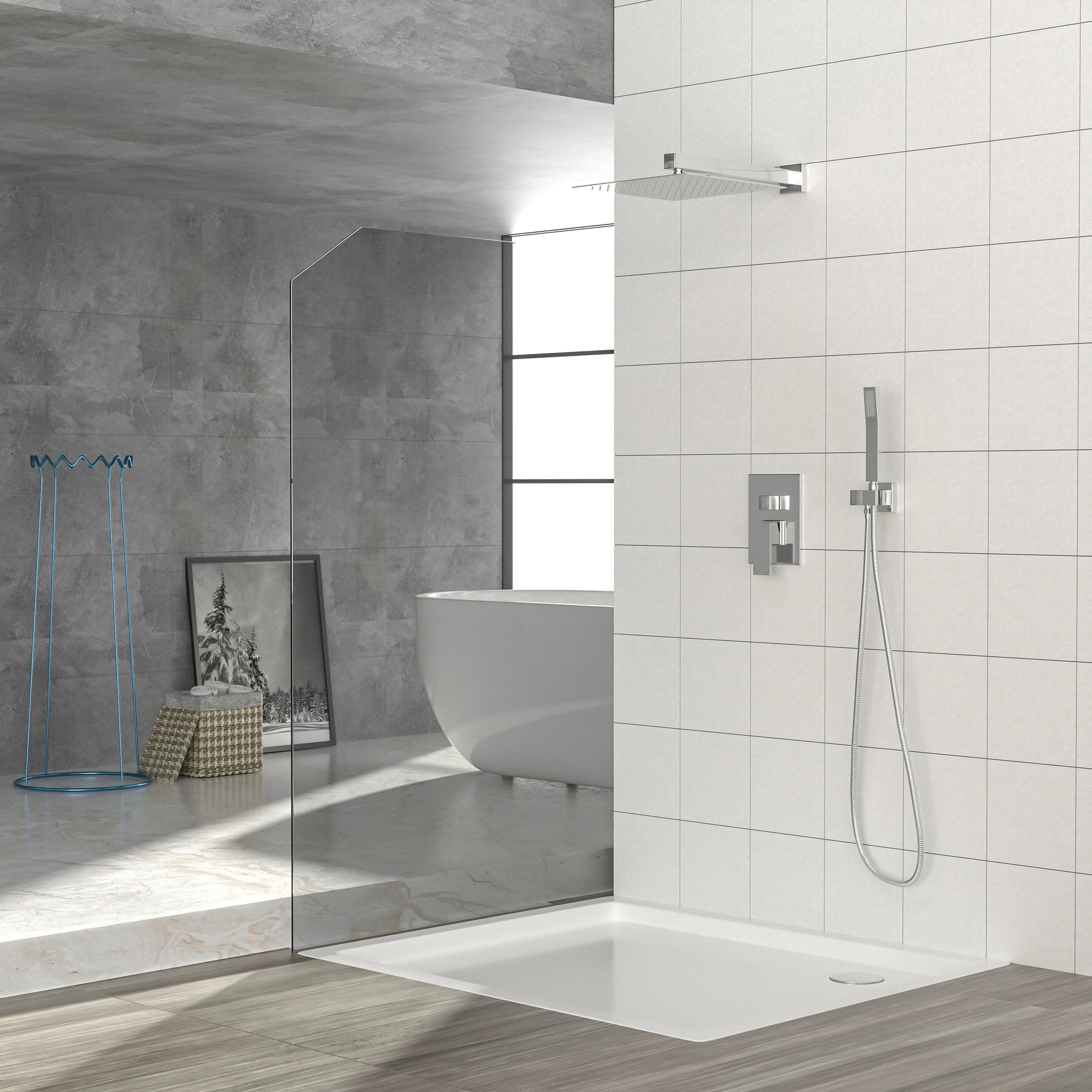 Dual Shower Head 10 Inch Wall Mounted Square Shower System With Rough In Valve,Chrome Chrome Stainless Steel