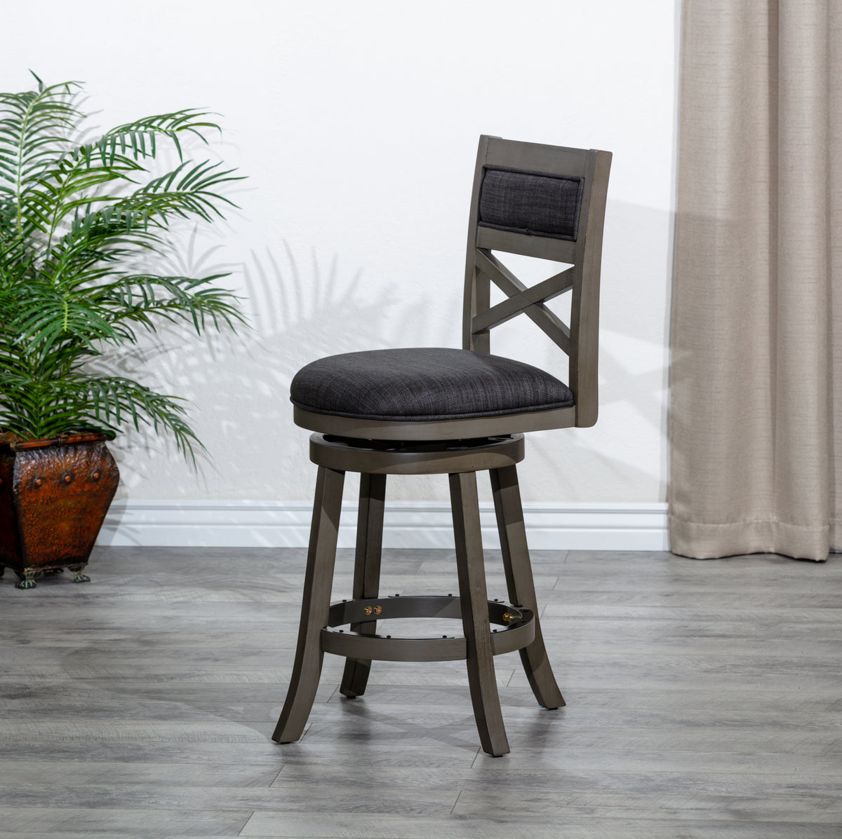 24" Counter Height X Back Swivel Stool, Weathered Gray Finish, Charcoal Fabric Seat Gray Fabric