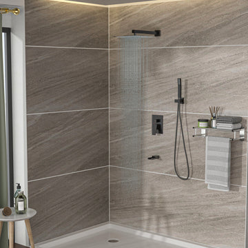 Shower System With Waterfall Tub Spout,12 Inch Wall Mounted Square Shower System With Rough In Valve, Oil Rubber Bronze Oil Rubbed Bronze Stainless Steel