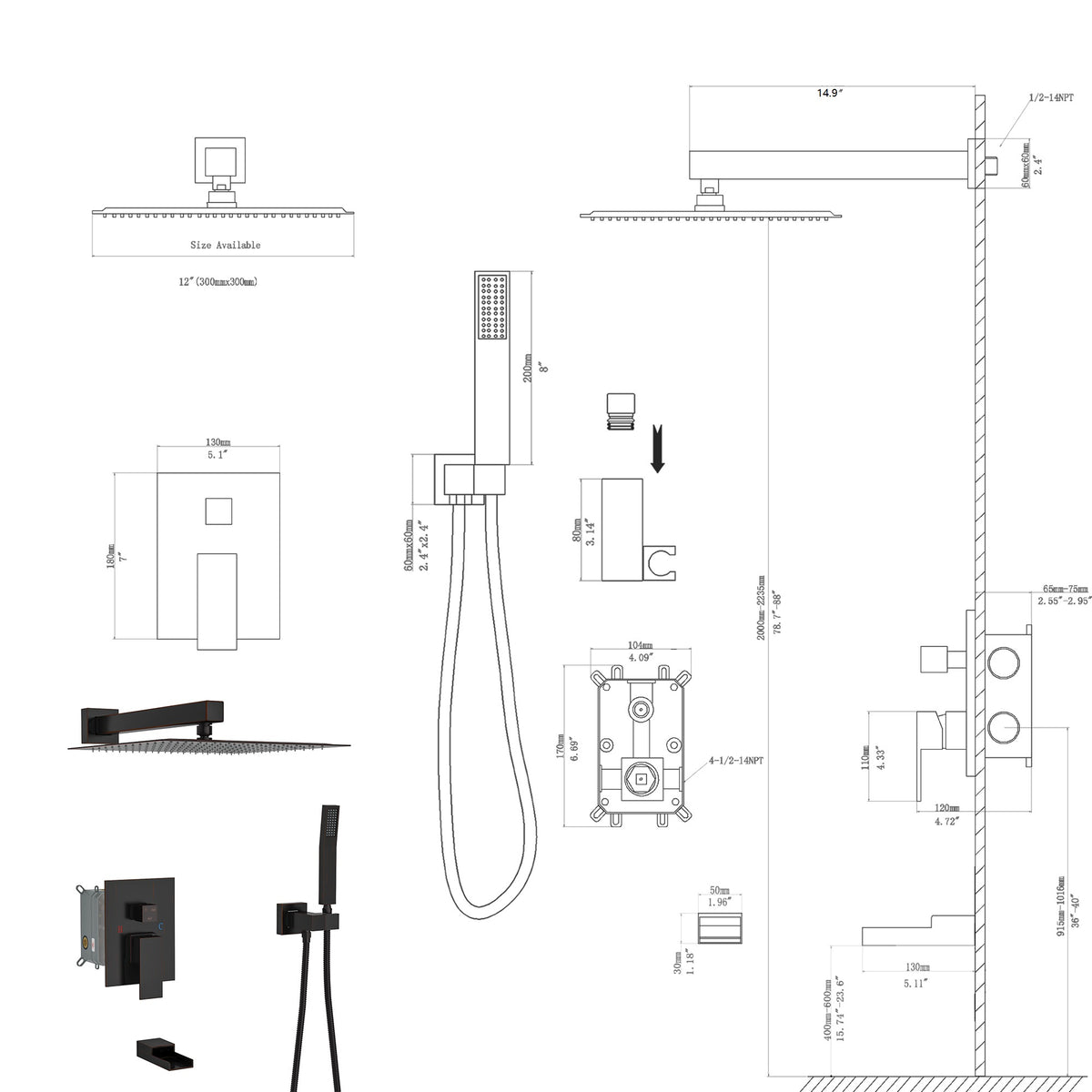 Shower System With Waterfall Tub Spout,12 Inch Wall Mounted Square Shower System With Rough In Valve, Oil Rubber Bronze Oil Rubbed Bronze Stainless Steel