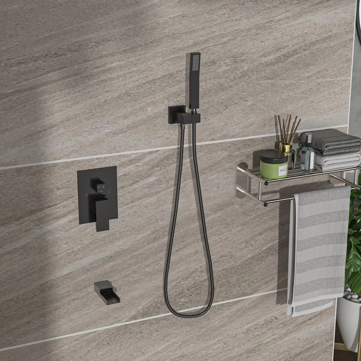 Shower System With Waterfall Tub Spout,12 Inch Wall Mounted Square Shower System With Rough In Valve, Oil Rubber Bronze Oil Rubbed Bronze Stainless Steel