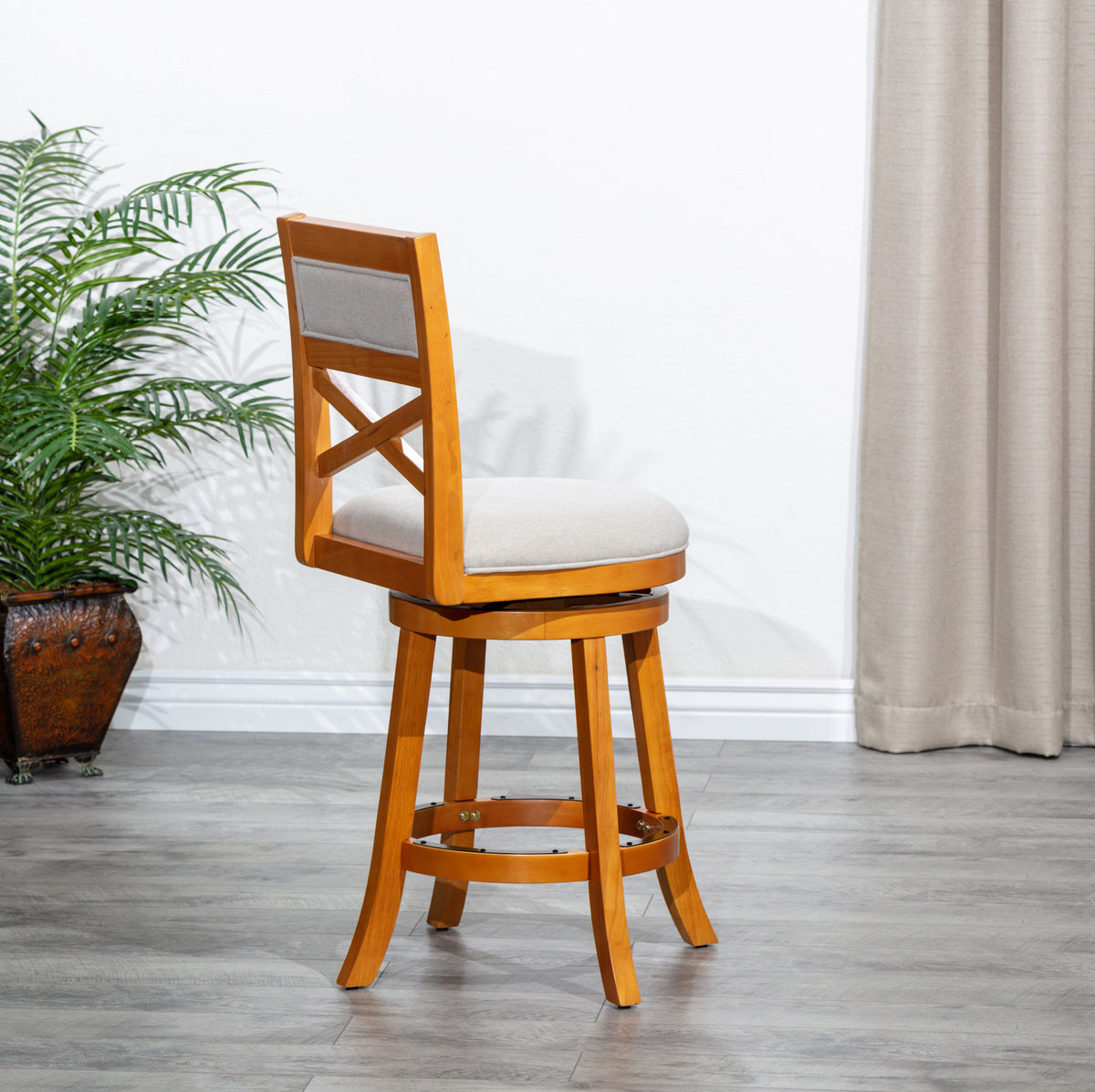 24" Counter Height X Back Swivel Stool, Natural Finish, Beige Fabric Seat Natural Fabric