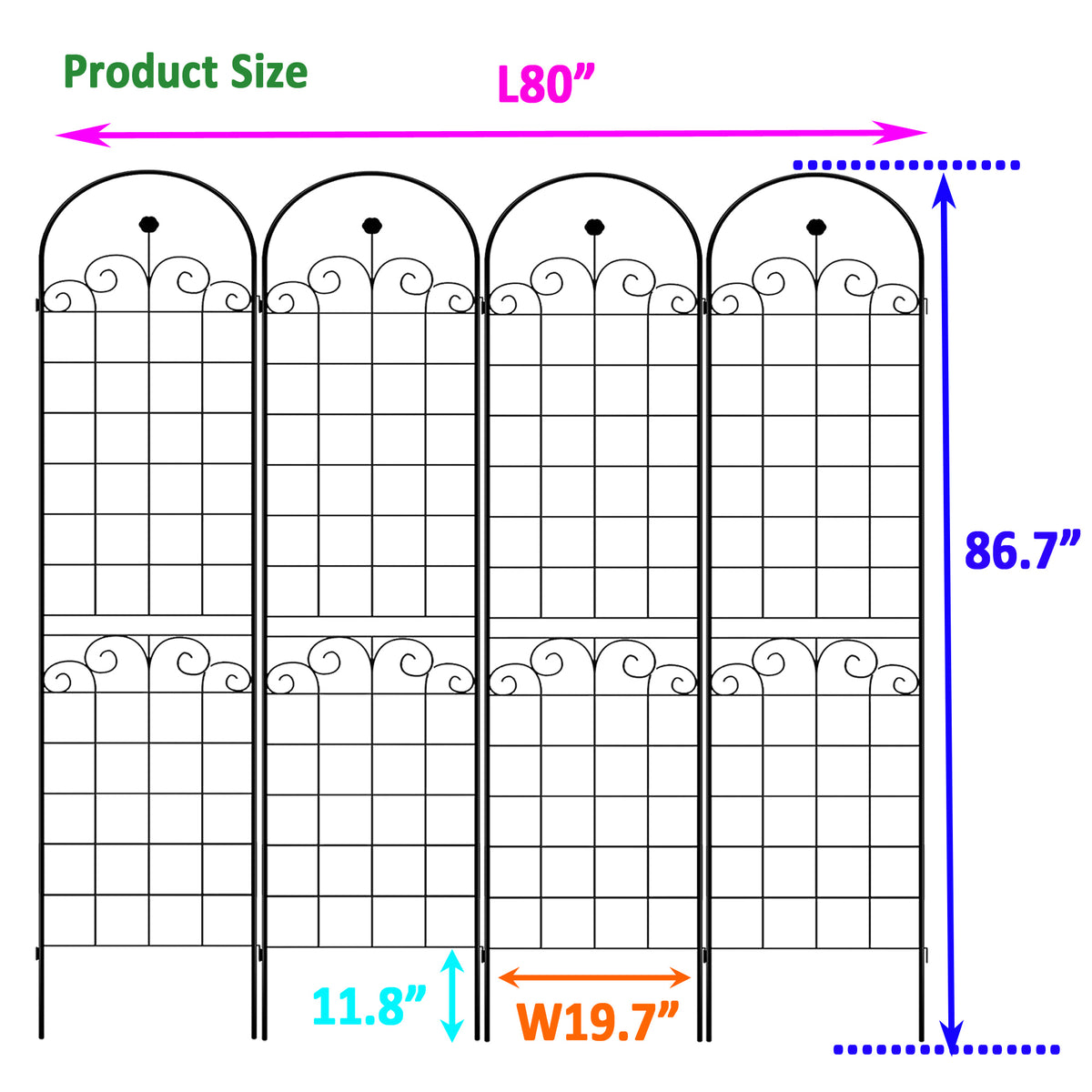 4 Pack Metal Garden Trellis For Climbing Plants Outdoor 86.7'' X 19.7'' Rustproof Plant Support Rose Trellis Netting Trellis Black Black Iron