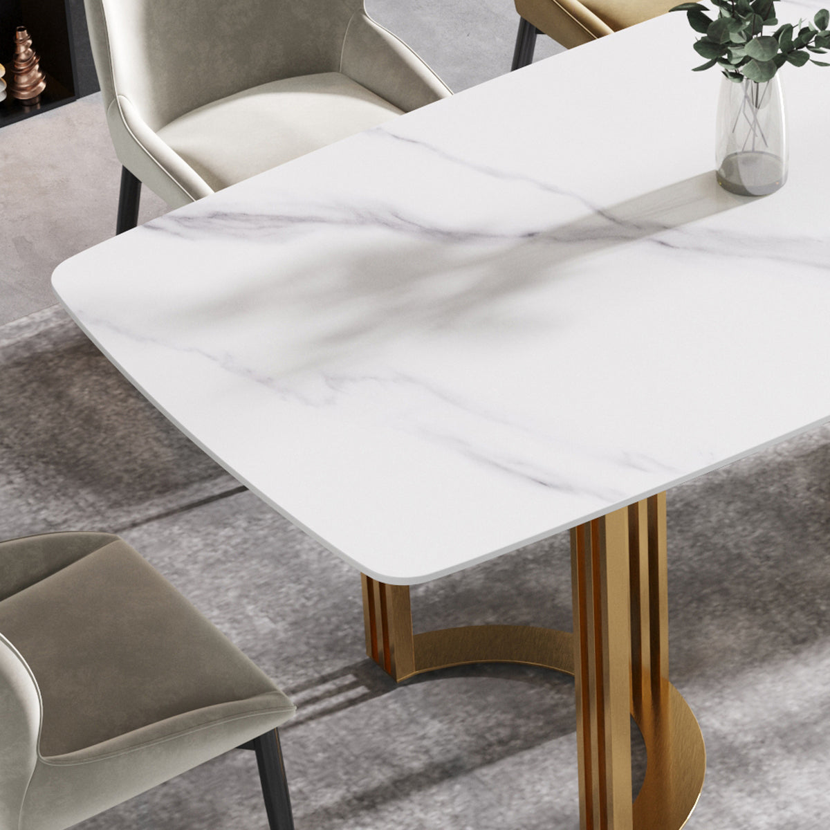 70.87"Modern Artificial Stone White Curved Golden Metal Leg Dining Table Can Accommodate 6 8 People White Metal Sintered Stone