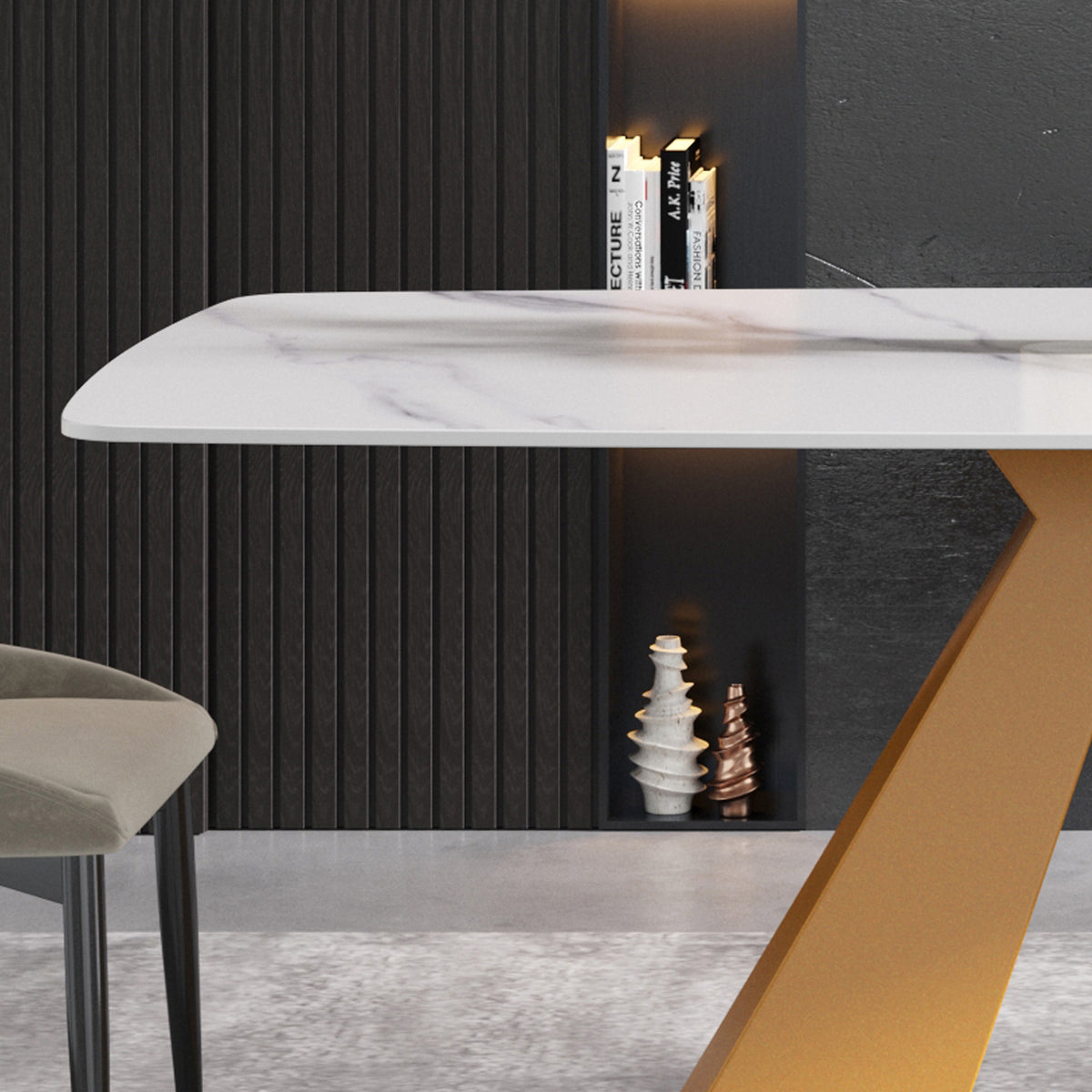 70.87"Modern Artificial Stone White Curved Golden Metal Leg Dining Table Can Accommodate 6 8 People White Metal Sintered Stone