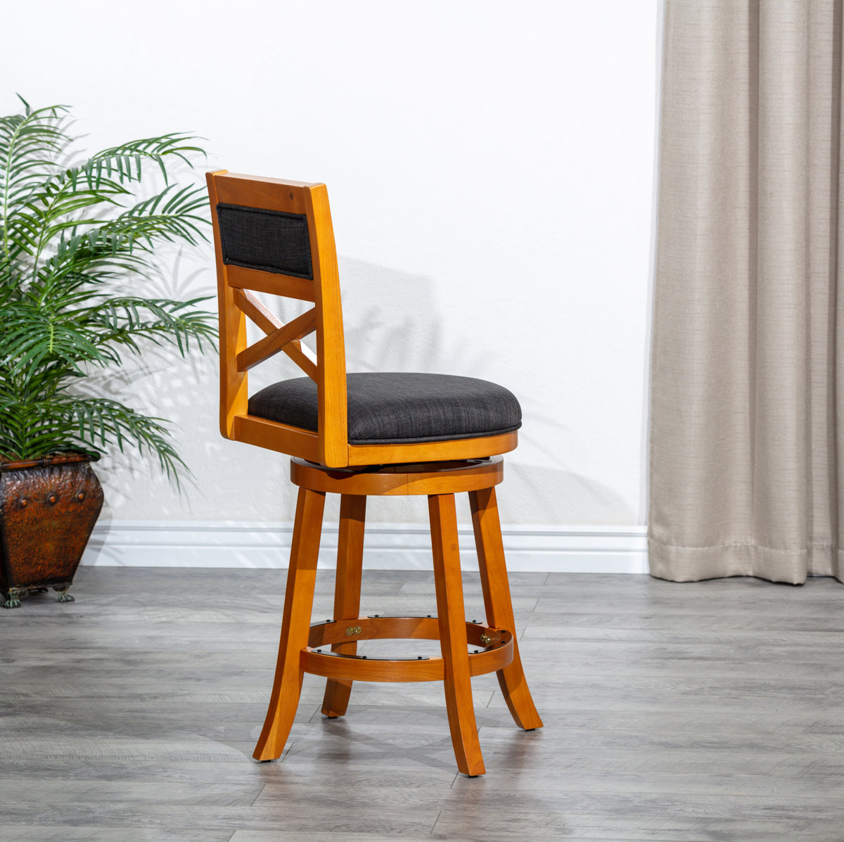 30" Bar Height X Back Swivel Stool, Natural Finish, Charcoal Fabric Seat Natural Fabric