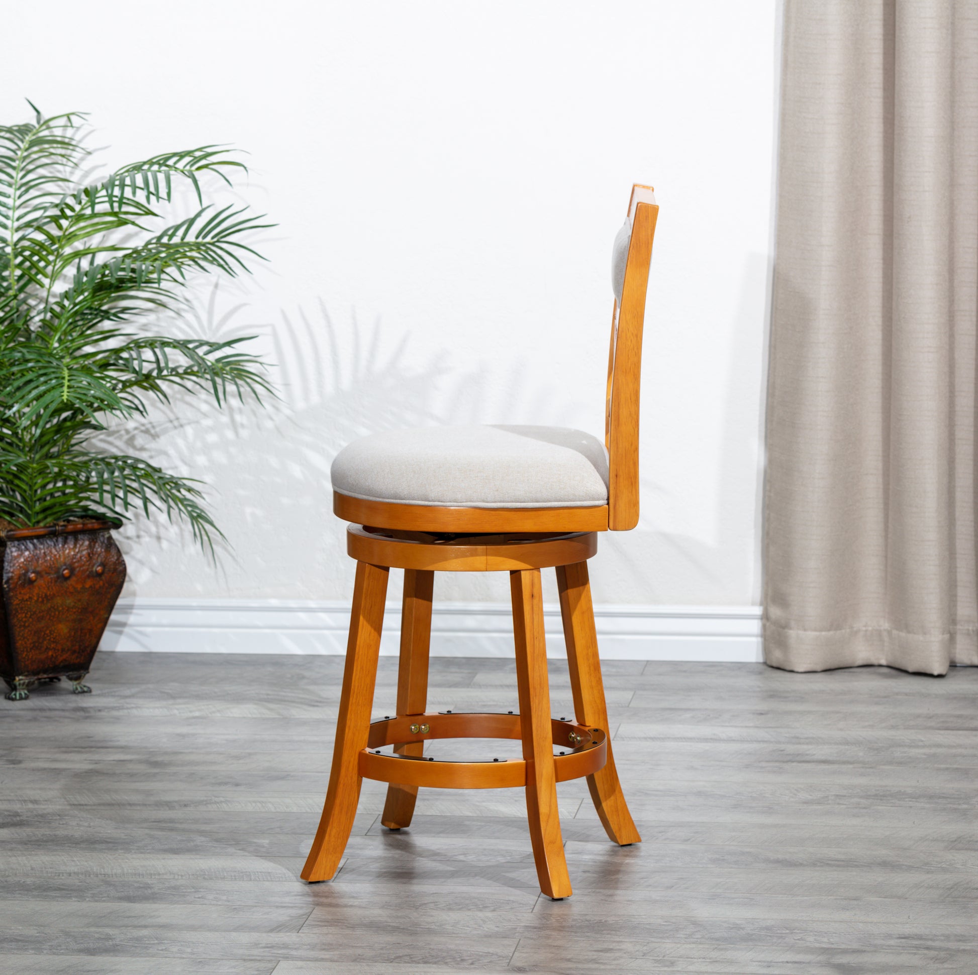 30" Bar Height X Back Swivel Stool, Natural Finish, Beige Fabric Seat Natural Fabric