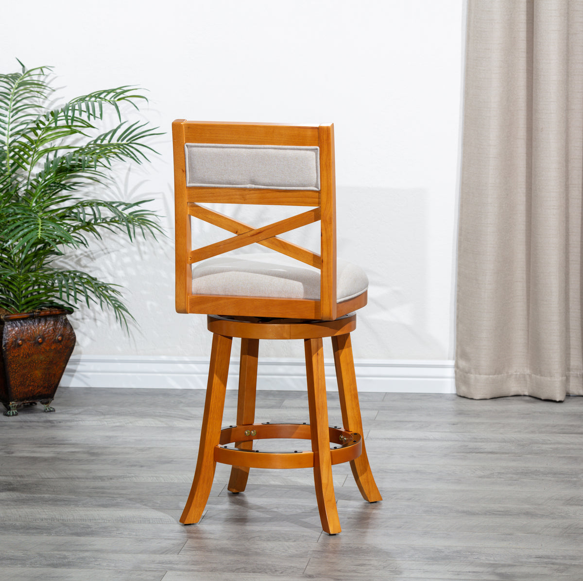 24" Counter Height X Back Swivel Stool, Natural Finish, Beige Fabric Seat Natural Fabric