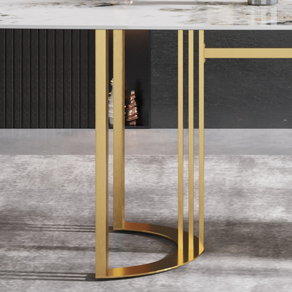 63"Modern Artificial Stone Pandora White Curved Golden Metal Leg Dining Table 6 People Antique White Metal Sintered Stone