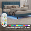 Queen Size Upholstered Platform Bed Linen Bed Frame With Lights Square Stitched Adjustable Headboard Strong Bed Slats System No Box Spring Needed Blue Queen Blue Cotton Linen