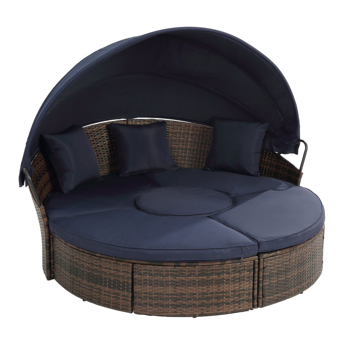 Kd Rattan Round Lounge With Canopy Bali Canopy Bed Outdoor, Wicker Outdoor Sofa Bed With Lift Coffee Table Navy Blue Cotton Steel