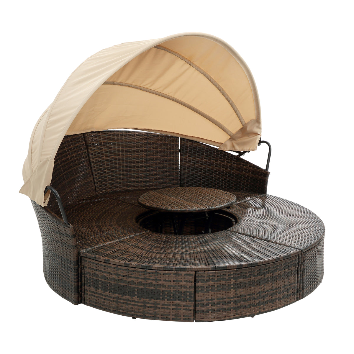 Kd Rattan Round Lounge With Canopy Bali Canopy Bed Outdoor, Wicker Outdoor Sofa Bed With Lift Coffee Table Beige Cotton Steel