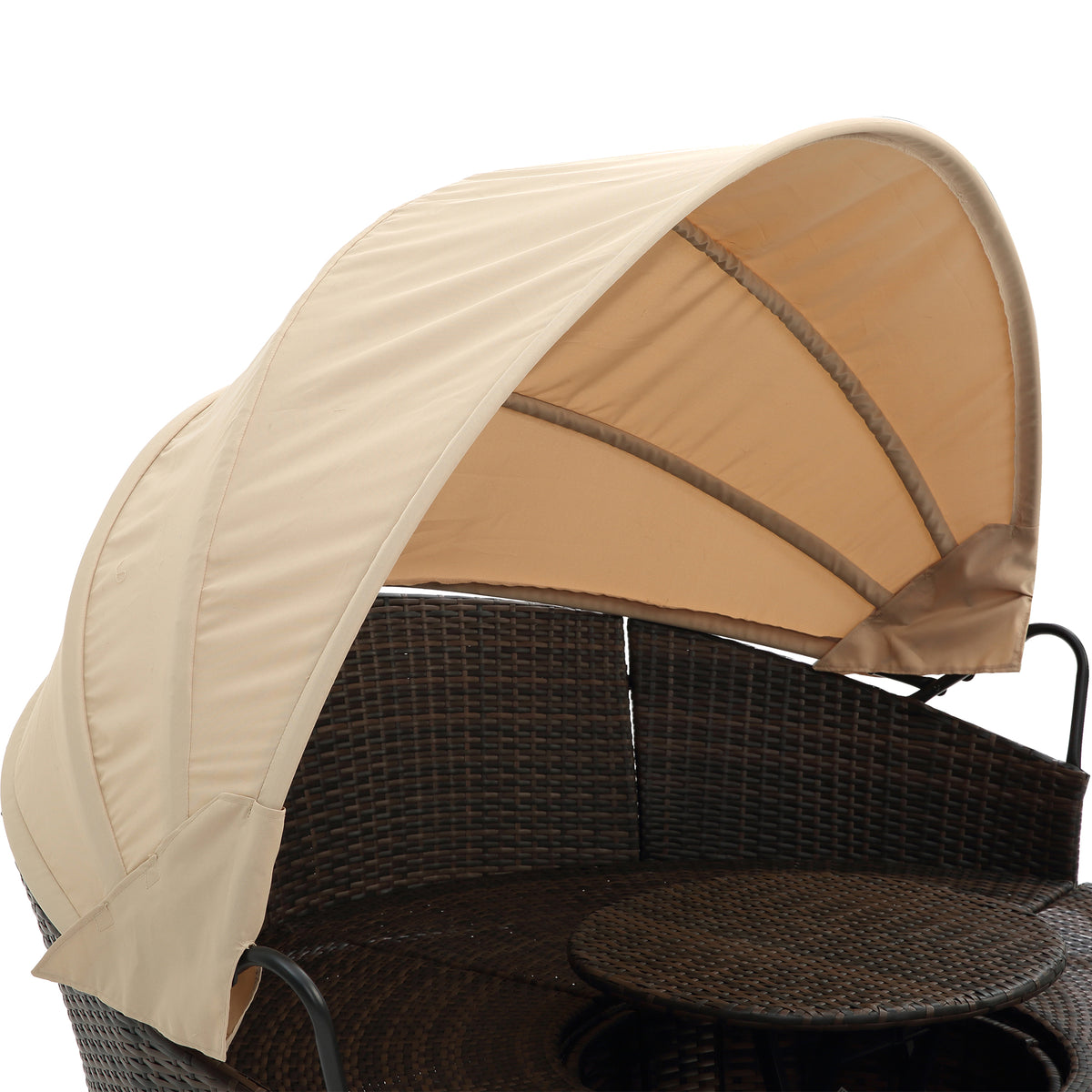 Kd Rattan Round Lounge With Canopy Bali Canopy Bed Outdoor, Wicker Outdoor Sofa Bed With Lift Coffee Table Beige Cotton Steel