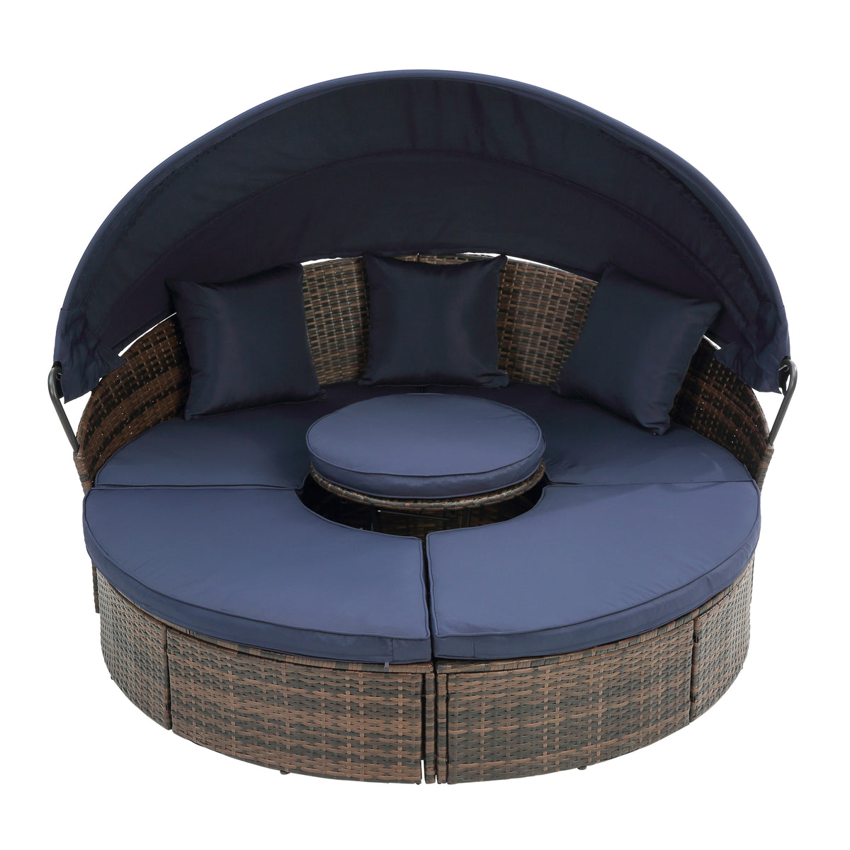 Kd Rattan Round Lounge With Canopy Bali Canopy Bed Outdoor, Wicker Outdoor Sofa Bed With Lift Coffee Table Navy Blue Cotton Steel