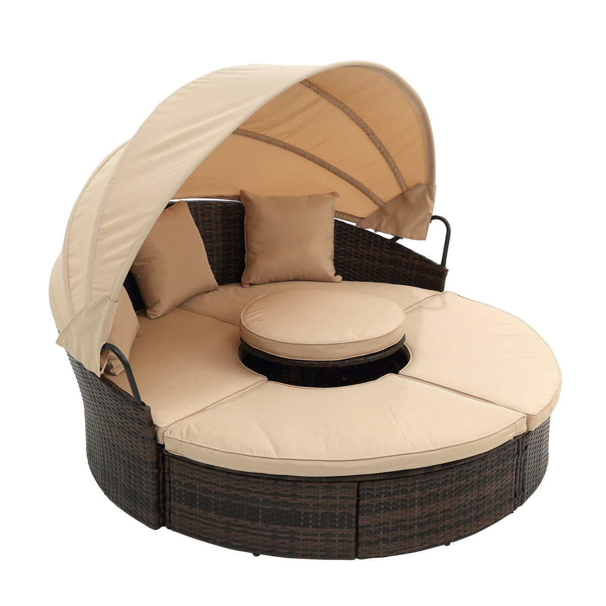 Kd Rattan Round Lounge With Canopy Bali Canopy Bed Outdoor, Wicker Outdoor Sofa Bed With Lift Coffee Table Beige Cotton Steel