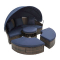 Kd Rattan Round Lounge With Canopy Bali Canopy Bed Outdoor, Wicker Outdoor Sofa Bed With Lift Coffee Table Navy Blue Cotton Steel