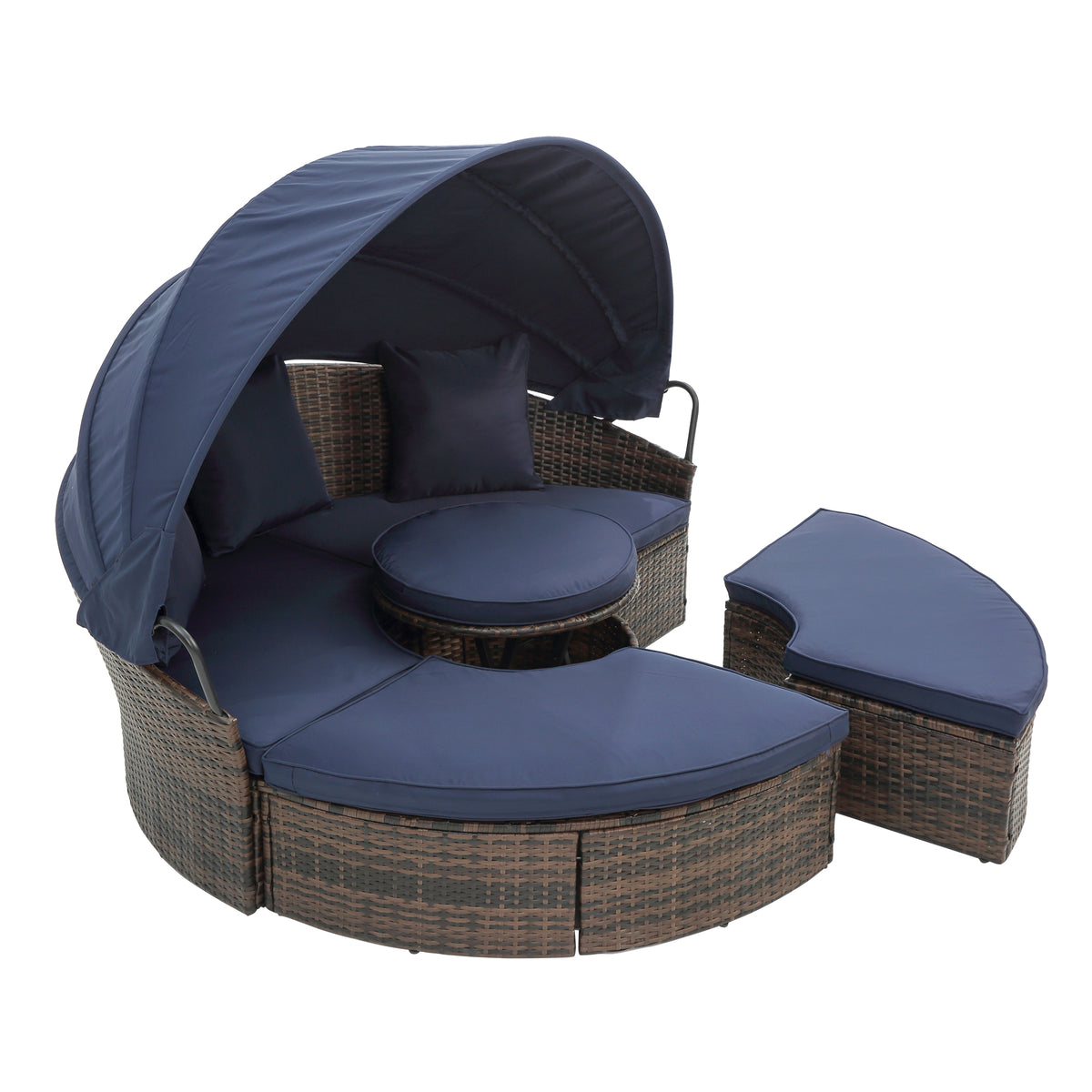 Kd Rattan Round Lounge With Canopy Bali Canopy Bed Outdoor, Wicker Outdoor Sofa Bed With Lift Coffee Table Navy Blue Cotton Steel