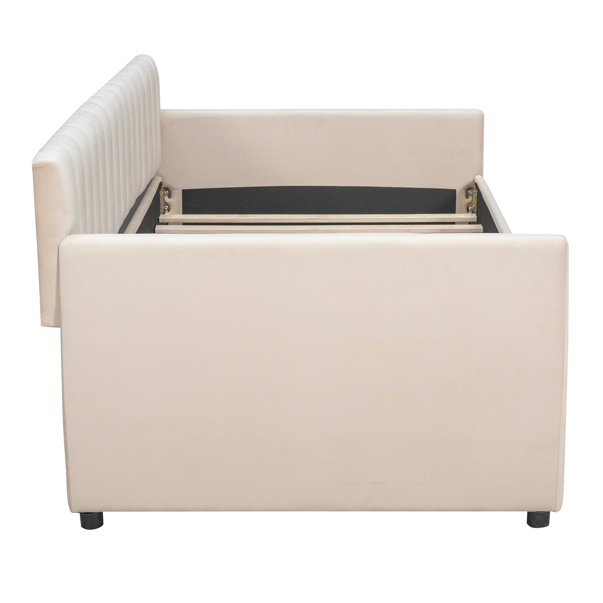 Twin Size Upholstered Daybed With Drawers, Wood Slat Support, Beige Beige Velvet