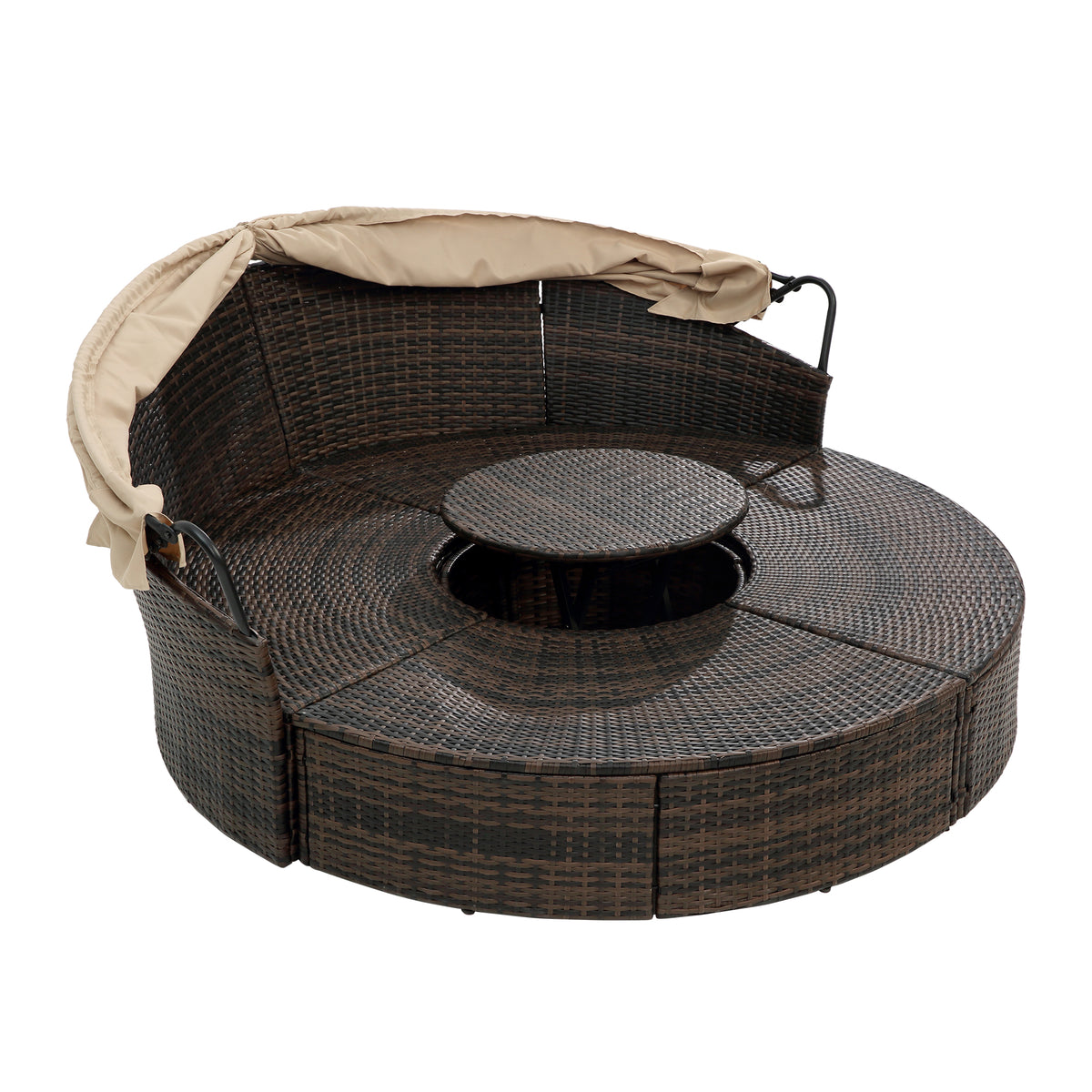 Kd Rattan Round Lounge With Canopy Bali Canopy Bed Outdoor, Wicker Outdoor Sofa Bed With Lift Coffee Table Beige Cotton Steel