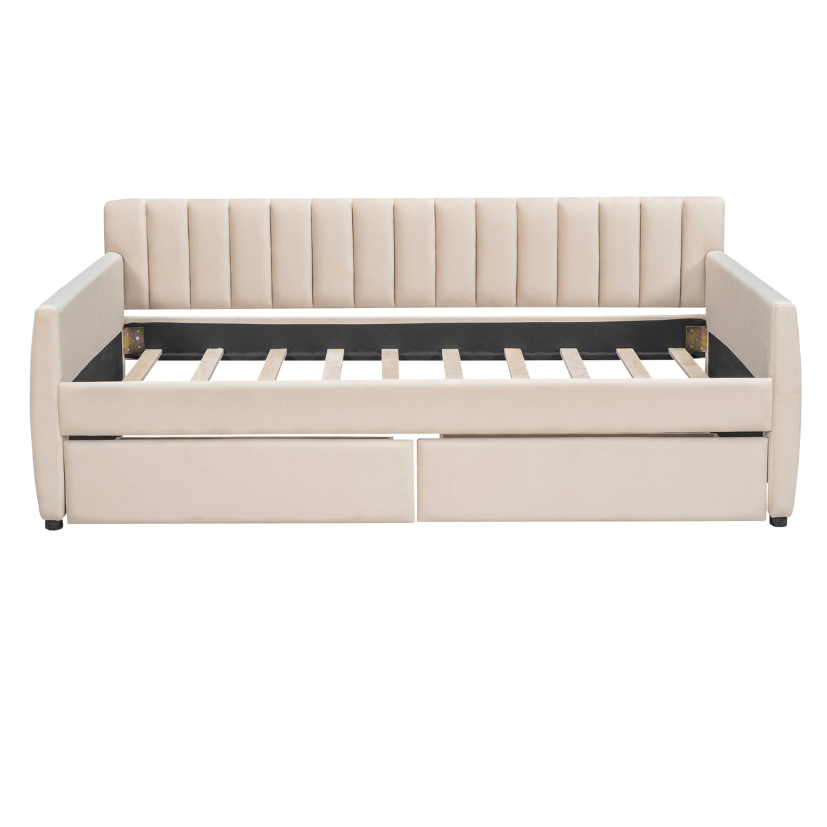 Twin Size Upholstered Daybed With Drawers, Wood Slat Support, Beige Beige Velvet