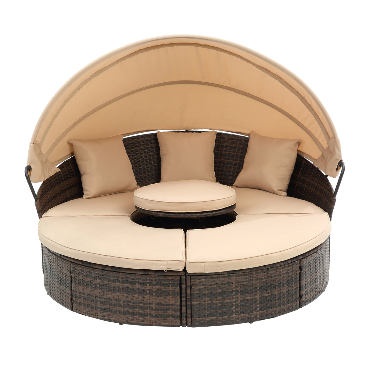 Kd Rattan Round Lounge With Canopy Bali Canopy Bed Outdoor, Wicker Outdoor Sofa Bed With Lift Coffee Table Beige Cotton Steel