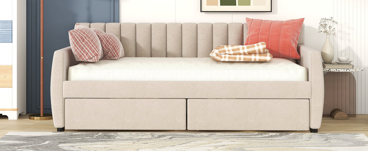 Twin Size Upholstered Daybed With Drawers, Wood Slat Support, Beige Beige Velvet