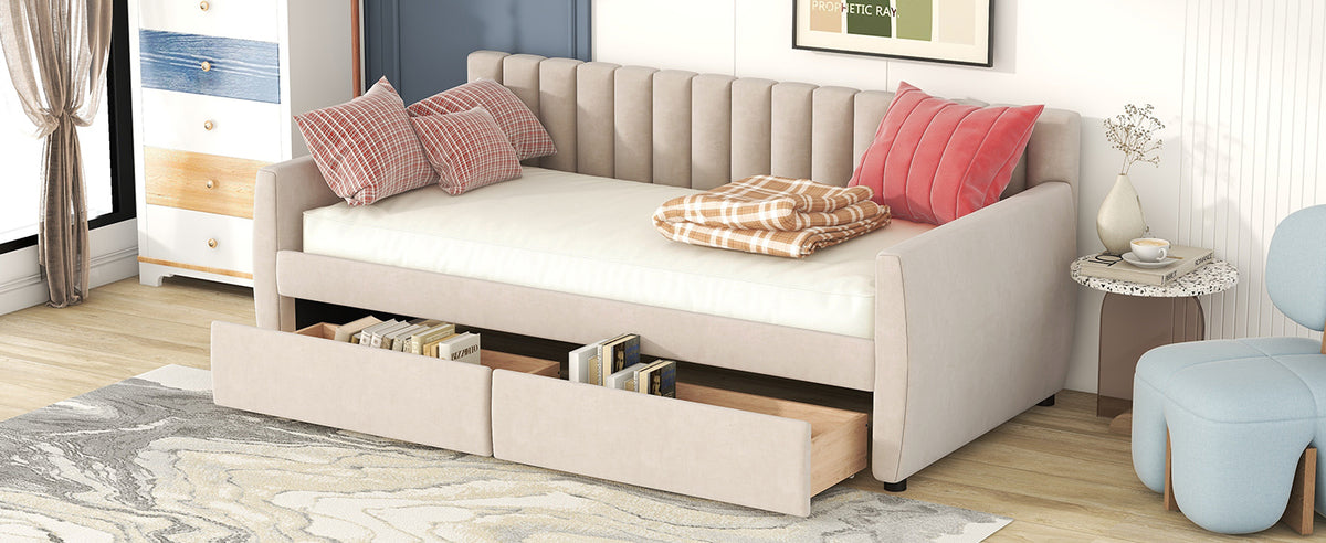 Twin Size Upholstered Daybed With Drawers, Wood Slat Support, Beige Beige Velvet