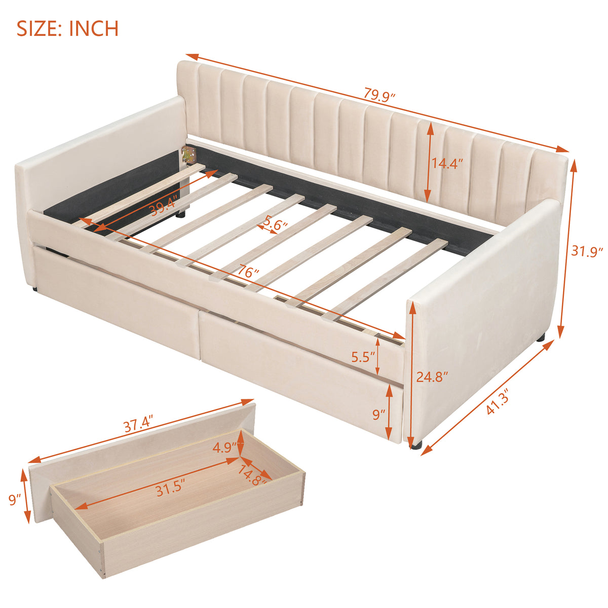 Twin Size Upholstered Daybed With Drawers, Wood Slat Support, Beige Beige Velvet