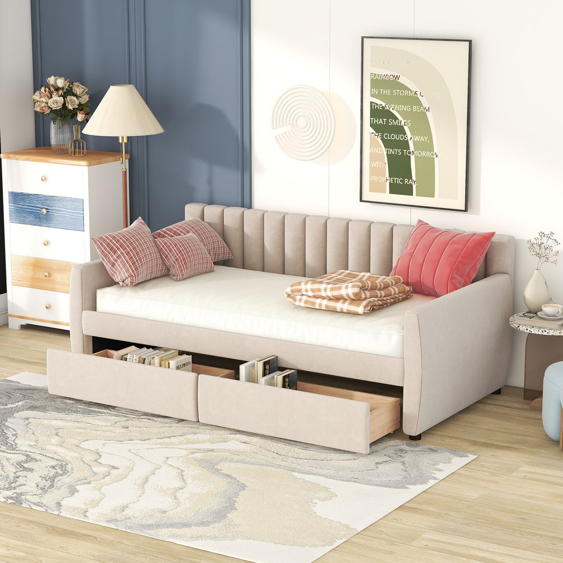 Twin Size Upholstered Daybed With Drawers, Wood Slat Support, Beige Beige Velvet