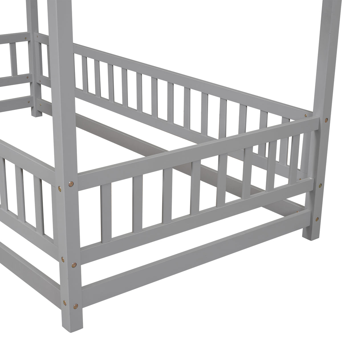 Twin Size Floor Wooden Bed With House Roof Frame, Fence Guardrails,Grey Old Sku:W50471471 Twin Grey Pine