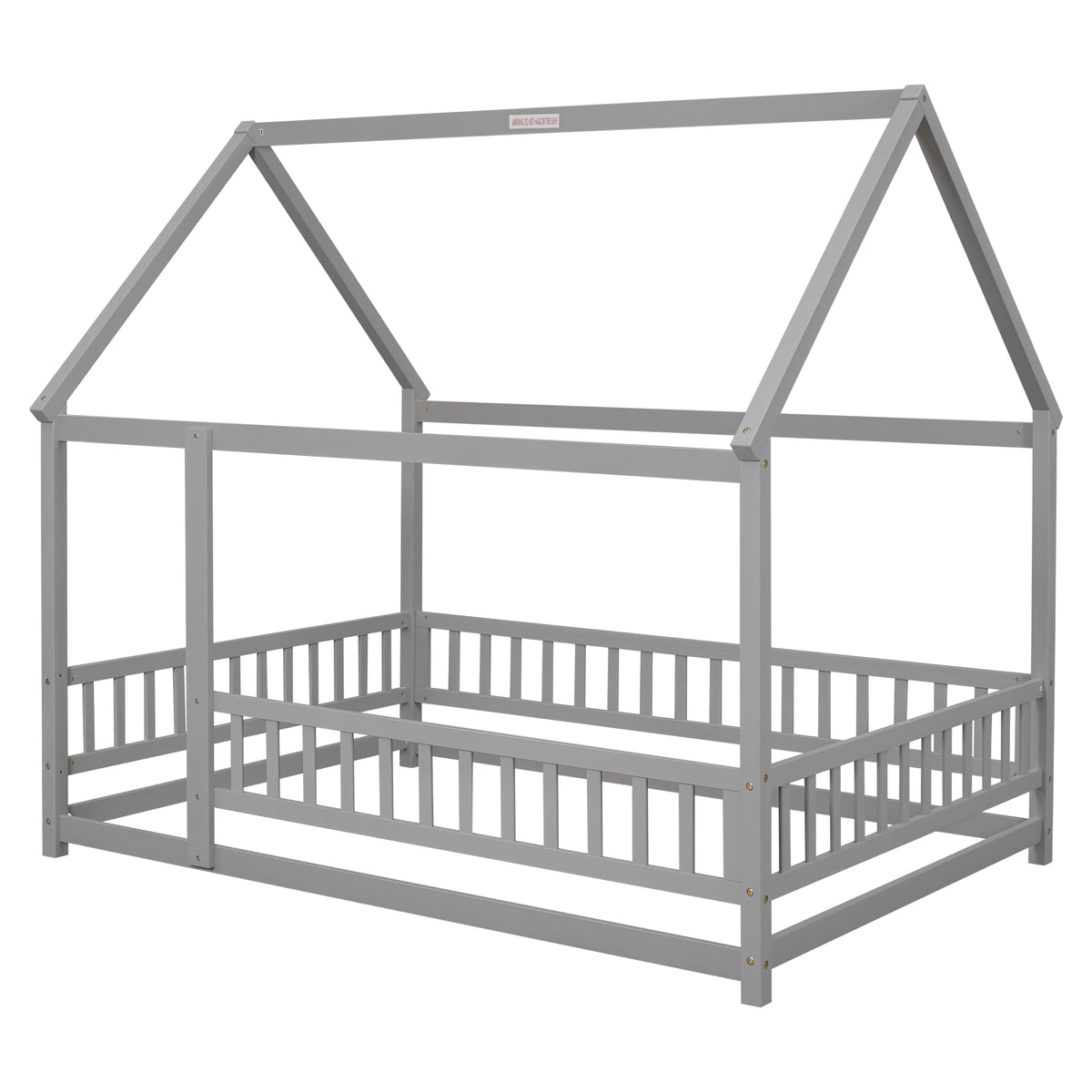 Full Size Floor Wooden Bed With House Roof Frame, Fence Guardrails ,Grey Old Sku:W50471474 Full Grey Pine