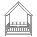 Full Size Floor Wooden Bed With House Roof Frame, Fence Guardrails ,Grey Old Sku:W50471474 Full Grey Pine