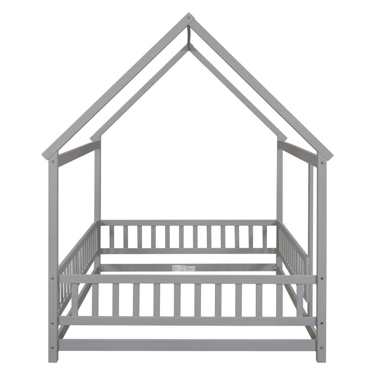 Full Size Floor Wooden Bed With House Roof Frame, Fence Guardrails ,Grey Old Sku:W50471474 Full Grey Pine