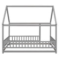 Full Size Floor Wooden Bed With House Roof Frame, Fence Guardrails ,Grey Old Sku:W50471474 Full Grey Pine