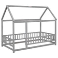 Twin Size Floor Wooden Bed With House Roof Frame, Fence Guardrails,Grey Old Sku:W50471471 Twin Grey Pine