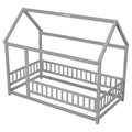 Twin Size Floor Wooden Bed With House Roof Frame, Fence Guardrails,Grey Old Sku:W50471471 Twin Grey Pine