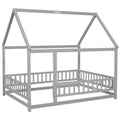 Full Size Floor Wooden Bed With House Roof Frame, Fence Guardrails ,Grey Old Sku:W50471474 Full Grey Pine