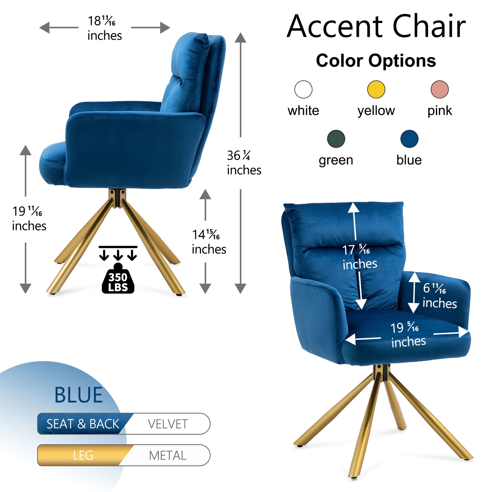 Dark Blue Velvet Contemporary High Back Upholstered Swivel Accent Chair Dark Blue Office Modern Foam Velvet